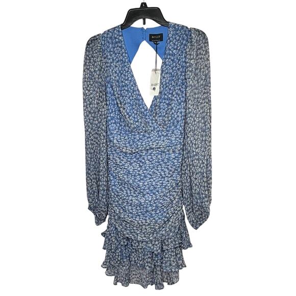 Bardot Blue Girly Ditsy Floral Ruched Open Back Mini Dress Size Large New - Picture 1 of 11